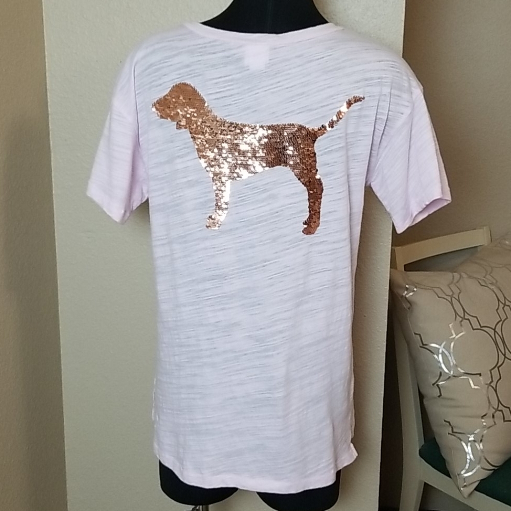 Pink Short Sleeve Shirt VNeck Sequins Dog